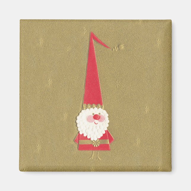 Vintage jul, söt tomte på guld magnet (Framsidan)