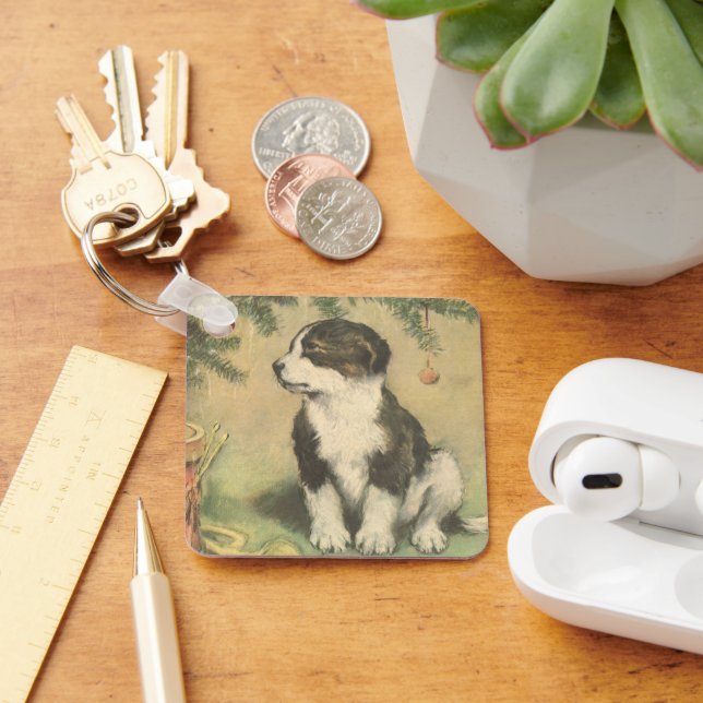 Vintage jul, söt valp under julgranen nyckelring (Skrivbord)