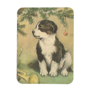 Vintage jul, sött valp under julgranen magnet