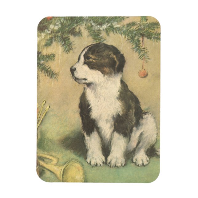 Vintage jul, sött valp under julgranen magnet (Vertikal)