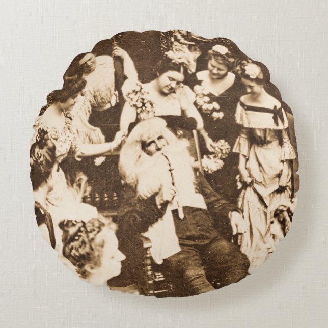 Vintage jul Stereoview Tomte och damerna Rund Kudde (Framsidan)