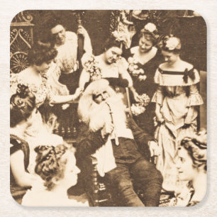 Vintage jul Stereoview Tomte och damerna Underlägg Papper Kvadrat