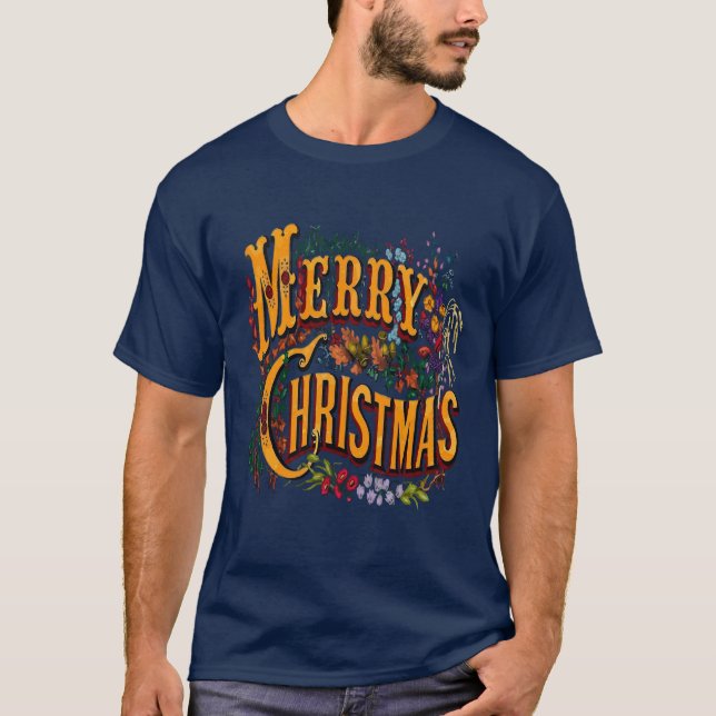 Vintage jul stil glad jul semesterhälsning  t shirt (Framsida)
