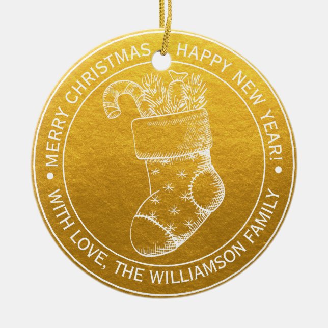 Vintage jul Stocking Helgdag Önskemål Guld Julgransprydnad Keramik (Framsidan)