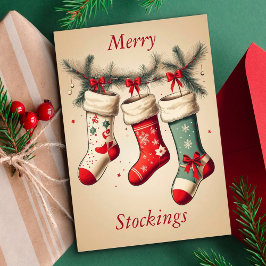 Vintage jul Stocking på Gräs Lövs Bows Julkort