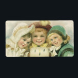 Vintage jul-systrar, Viktorianska barn Fraktsedel<br><div class="desc">Vintage illustration Viktorian God jul helgdag med tre leende,  lycklig flickor. Dessa bästa vänner för alltid eller syskon bär vinterkläder med hattar och handfängsel. Långvarig vänskap.</div>