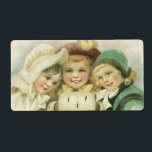 Vintage jul-systrar, Viktorianska barn Fraktsedel<br><div class="desc">Vintage illustration Viktorian God jul helgdag med tre leende,  lycklig flickor. Dessa bästa vänner för alltid eller syskon bär vinterkläder med hattar och handfängsel. Långvarig vänskap.</div>