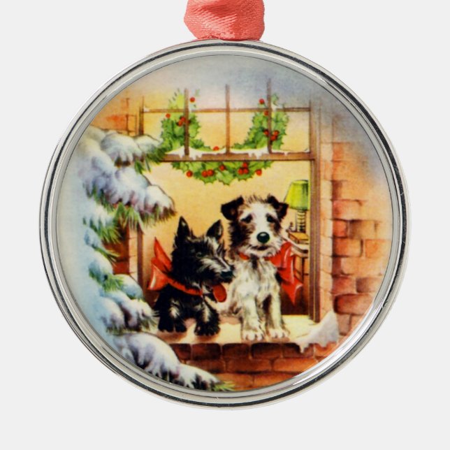 Vintage jul Terrier Hund Julgransprydnad Metall (Framsidan)