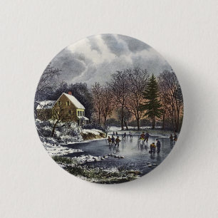 Vintage jul, tidig vinter Skridskoåkare på damm Knapp