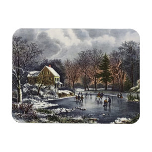 Vintage jul, tidig vinter Skridskoåkare på en damm Magnet