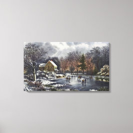 Vintage jul, Tidigt Vinter Skater på en damm Canvastryck