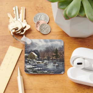 Vintage jul, Tidigt Vinter Skater på en damm Nyckelring