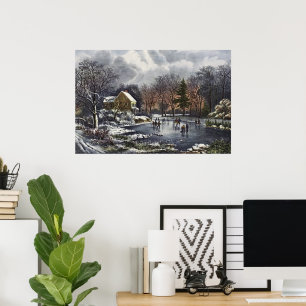 Vintage jul, Tidigt Winter-Skaterna på Pond Poster