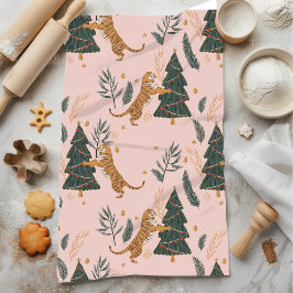 "Vintage jul Tiger med Julgran Rosa Kökshandduk