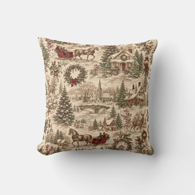 Vintage jul toile presentpapper | Hjort & släde Kudde (Framsida)
