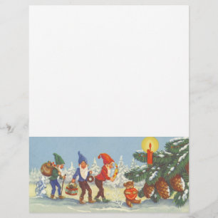 Vintage jul, tomtar i vinterlandskapet snöskog reklamblad
