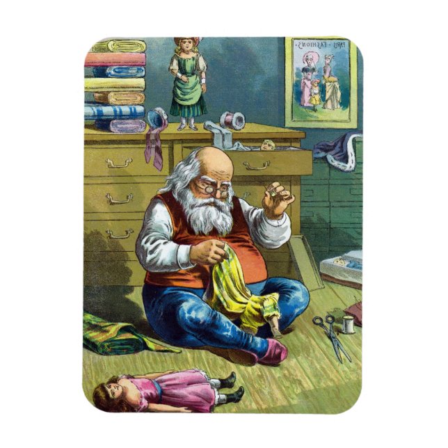 Vintage jul, Tomte gör dockor Magnet (Vertikal)