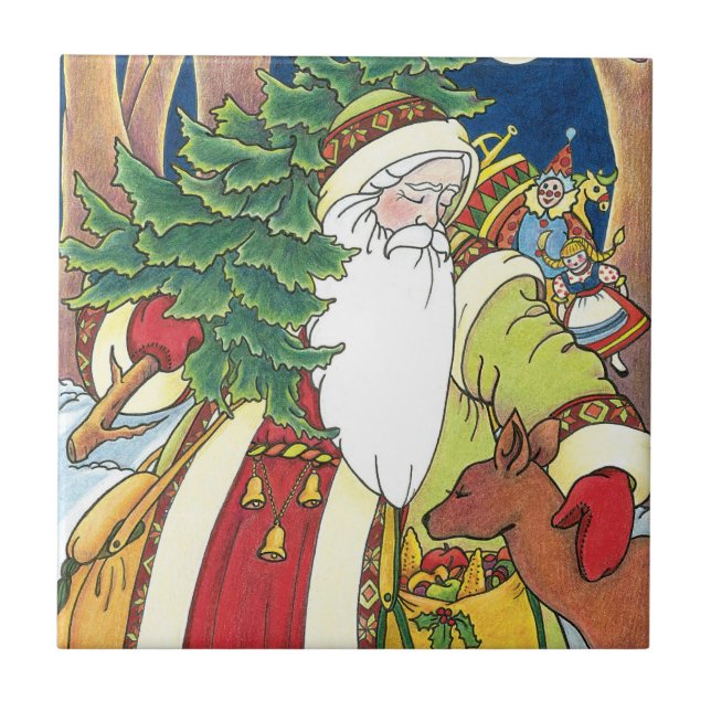 Vintage jul, tomte hjort i skog kakelplatta (Framsidan)