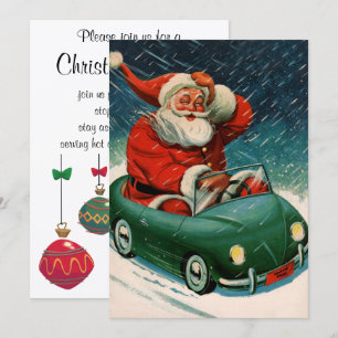 Vintage jul, Tomte i en söt bil Inbjudningar