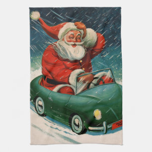 Vintage jul, Tomte i en söt bil Kökshandduk