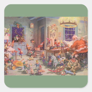 Vintage jul, Tomte med tomtebarn i verkstad Fyrkantigt Klistermärke