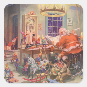 Vintage jul, Tomte med tomtebarn i verkstad Fyrkantigt Klistermärke