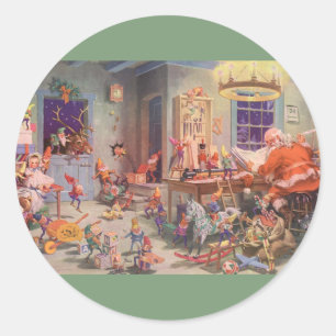 Vintage jul, Tomte med tomtebarn i verkstad Runt Klistermärke