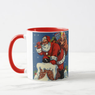 Vintage jul, Tomte nerför skorsten med leksaker Mugg