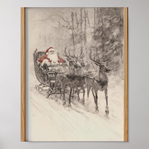 Vintage Jul Tomte Släd Xmas Skog Skiss Poster