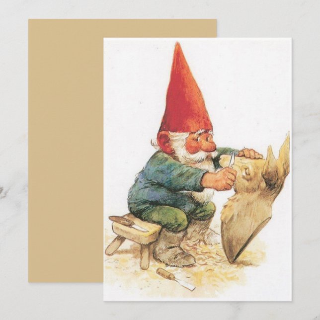 Vintage jul Tomte Träsnideri Högtidskort Julkort (Fram/baksida)
