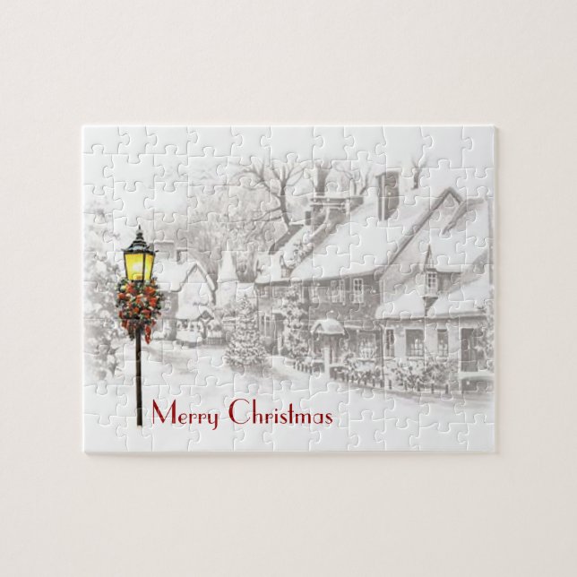 Vintage jul Town Puzzle Pussel (Horisontell)