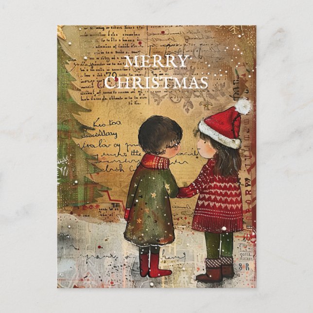 Vintage jul Träd Children Snö Helg Vykort (Framsida)