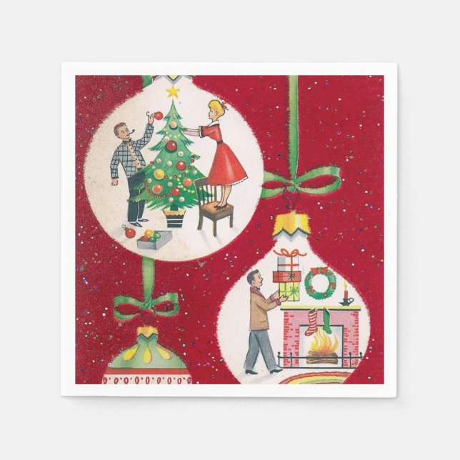 Vintage jul träd dekorerar party napkins pappersservett (Framsidan)