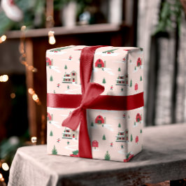 Vintage jul Träd Farm Scenery Monogram Wrapp Presentpapper