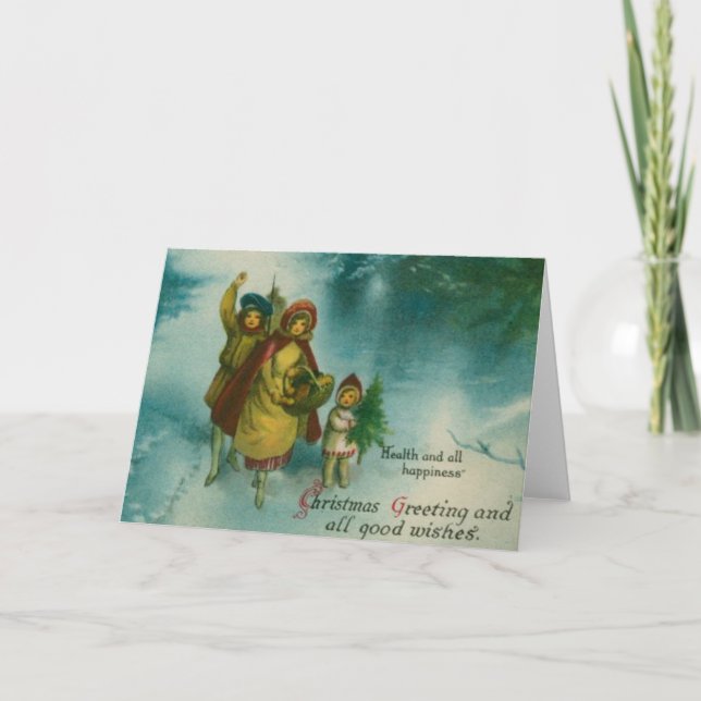 Vintage jul Träd Gathering Helgkort (Framsida)