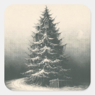 Vintage jul Träd i Snö Etching Intaglio Fyrkantigt Klistermärke