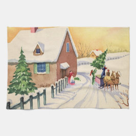 Vintage jul Träd på en Snowy Winter Road Kökshandduk