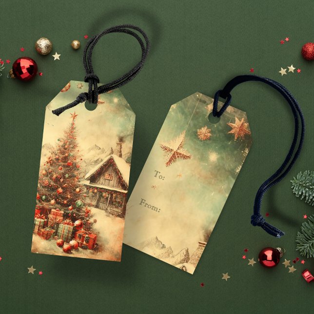 Vintage jul träd presentetikett (Vintage Christmas tree Gift Tags)