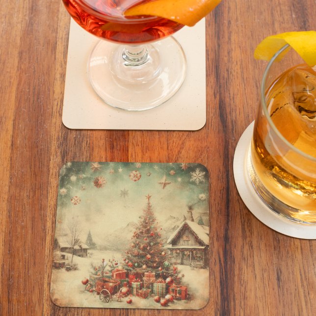 Vintage jul träd underlägg papper kvadrat (Vintage Christmas tree Square Paper Coaster)