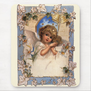 Vintage jul, Victorian Angel med Guld Klockor Musmatta