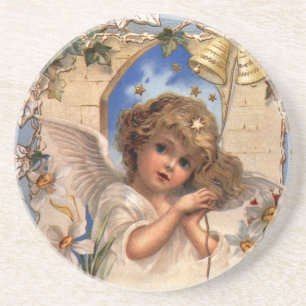 Vintage jul, Victorian Angel med Guld Klockor Underlägg Sandsten