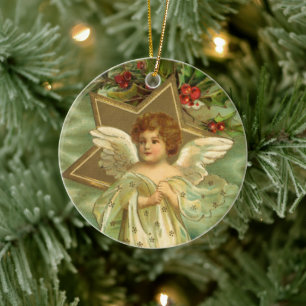 Vintage jul, Victorian Angel med Guld Stars Julgransprydnad Keramik