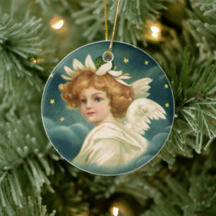 Vintage jul, Victorian Angel med Guld Stars Julgransprydnad Keramik