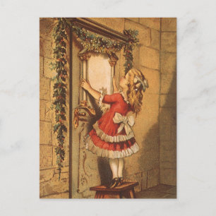 Vintage jul Victorian Girl Hanging a Garland Helg Vykort