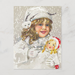 Vintage jul Victorian Girl med Doll i Snö Helg Vykort