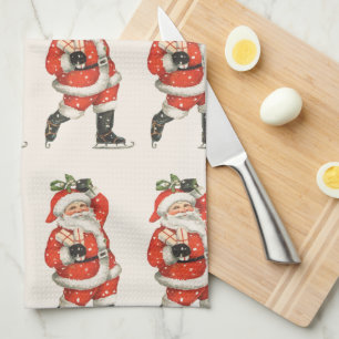 Vintage jul Victorian Jultomten Ice Skater Kökshandduk