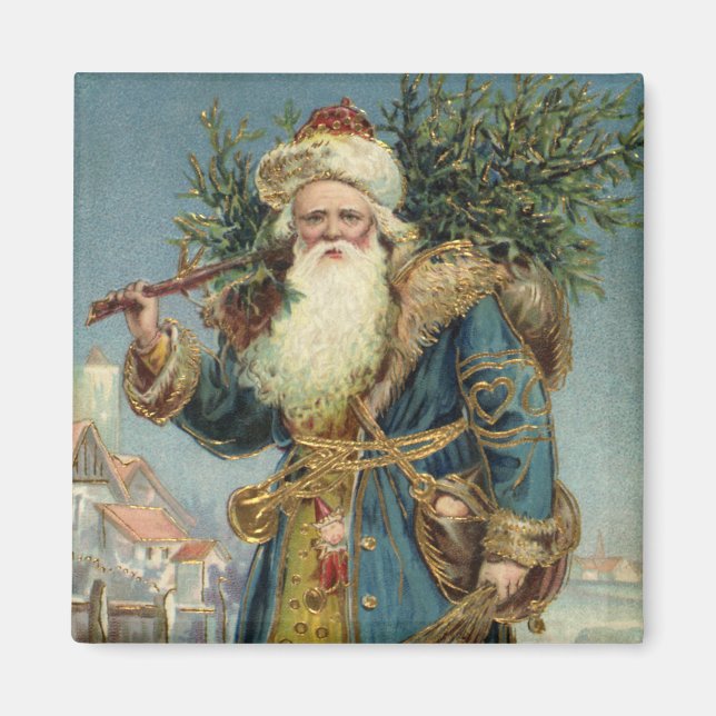 Vintage jul, Victorian Jultomten med Träd Magnet (Framsidan)