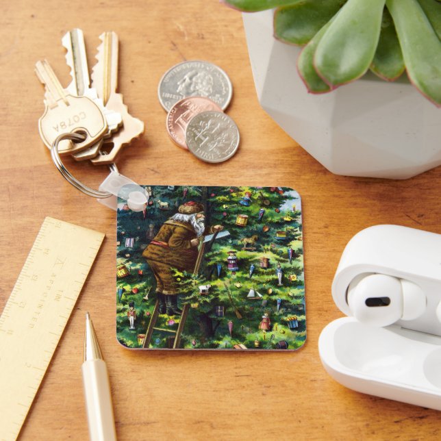 Vintage jul, Victorian Jultomten med Träd Nyckelring (Skrivbord)