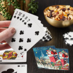 Vintage jul Victorian Jultomten på Skorsten Casinokort<br><div class="desc">Vintage illustrerar julens helgdag med ett Victorianskt Jultomten på en tak som ska gå ner i skorsten. Renarna och sömnen står på tak och väntar. En vacker kyrka ligger i bakgrunden med stjärnor och måne i den blå natten himlar.</div>