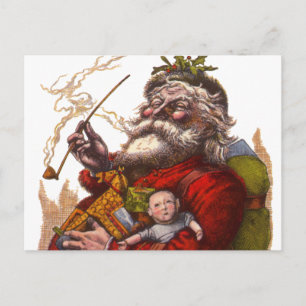 Vintage jul, Victorian Jultomten Pipe Leksaker Helg Vykort